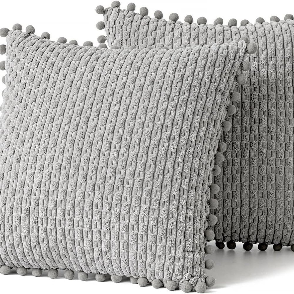Pompom Grey Stripe Texture Corduroy Farmhouse Cute Luxury Soft Pillow Cover Set - Picture 6 of 7